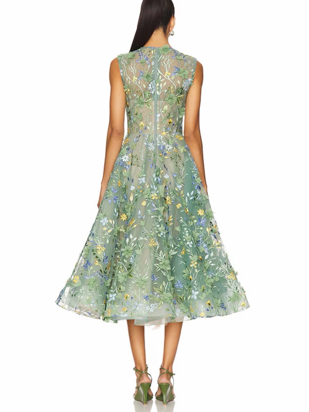 Sage Green Floral Embroidered Midi Dress - Picture 3 of 6